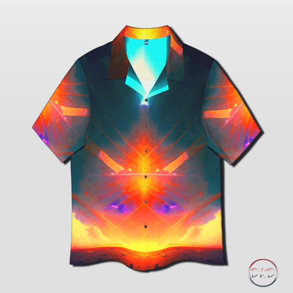 A Hawaiian shirt with an abstract print of a Hawaiian sunset in colors of yellow, orange, going into shades of blue.