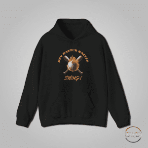 Hooded Sweatshirt with a vintage baseball design on the front. Two bats crisscrossed set behind a flaming baseball. Hey batter, batter is curved at the top and swing! is below the design.