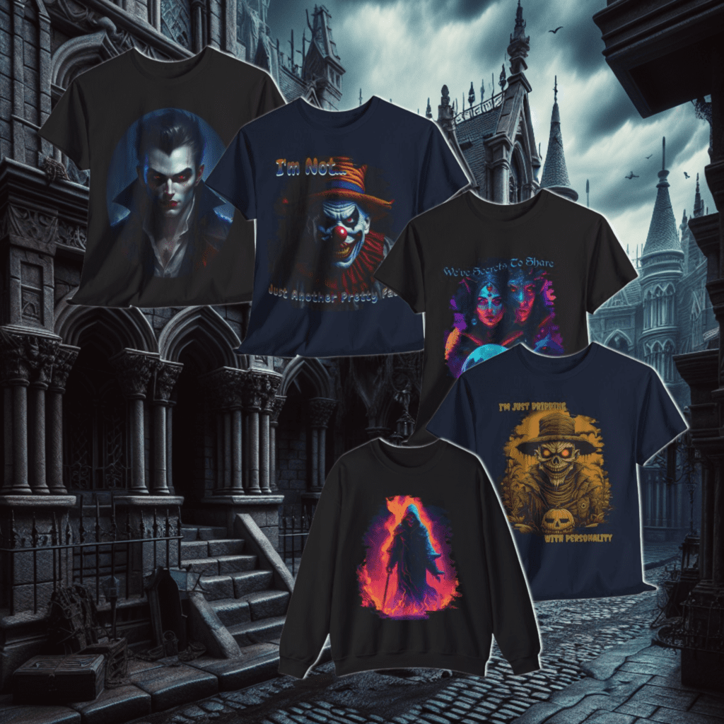5 Macabre Shirts set against an eerie gothic street scene