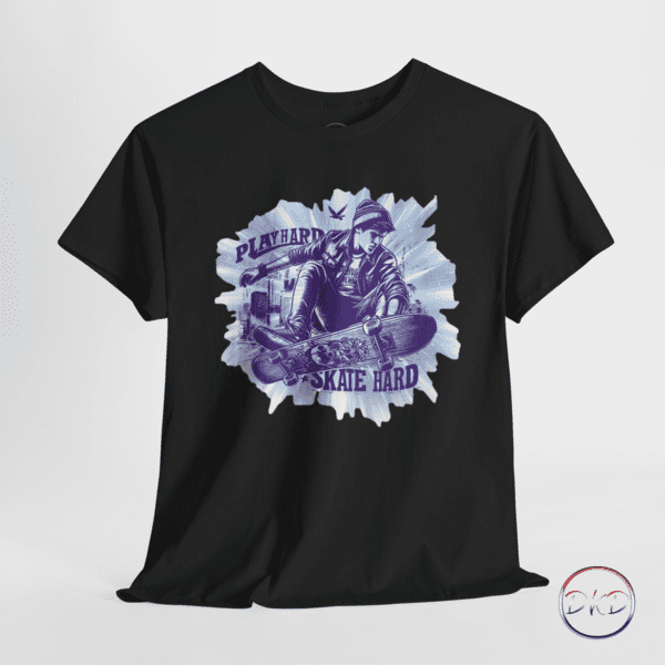 Black tshirt with an image of a man skateboarding against an explosive cityscape, done in shades of blue.