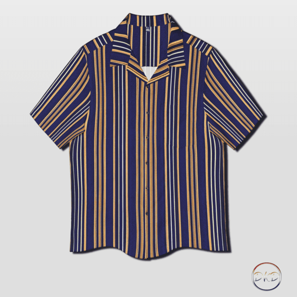 Mens Hawaiian shirt with a vertical stripe pattern of navy blue, peach shades and white.