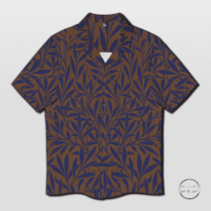 Men's Hawaiian shirt with a dark blue leaf pattern set against a deep brown background