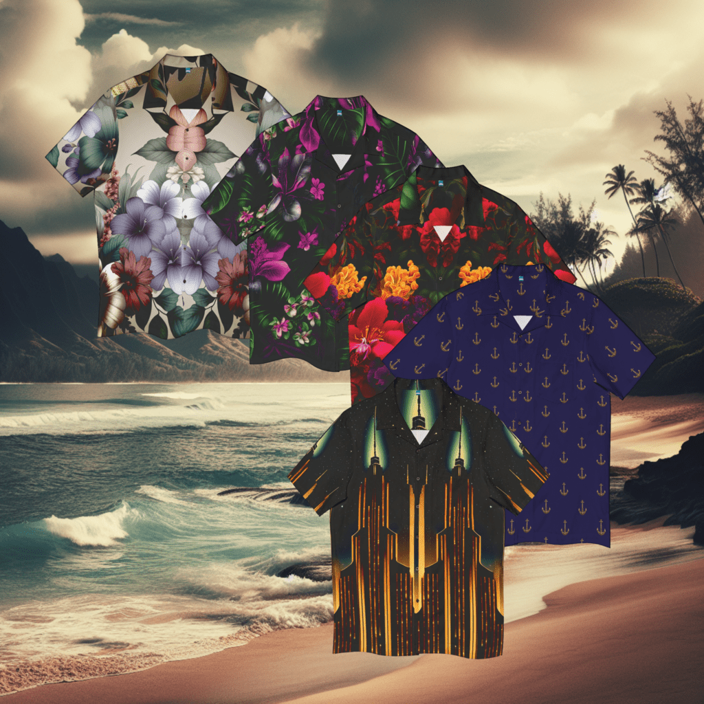 Hawaiian Shirts set against a Hawaiian beach.