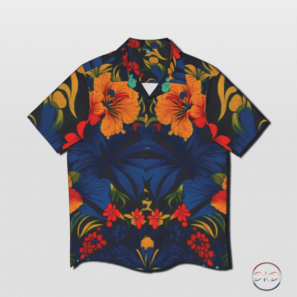 Orange Hibiscus Hawaiian shirt with other blue floral patterns on the shirt.