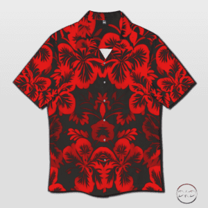 Hawaiian shirt with red hibiscus set against a black background