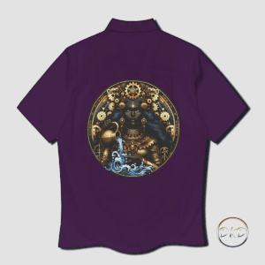 Button-up shirt with a Steampunk Melanin Aquarius Maiden pouring from her jar of gears. The shirt is a Navy Blue