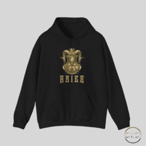 Steampunk Aries Hoodie with a Steampunk Aries ram's head in gold hues sporting a top hat in coat and tie wearing a monocle and watches and gears are slung on his shoulders