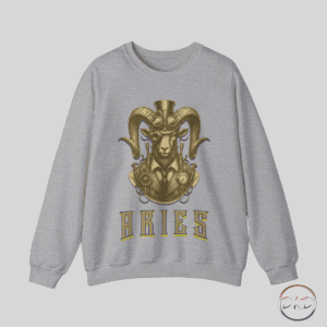 Steampunk Aries Sweatshirt, Rams head with gold hues dressed in a top hat. coat, tie and vest wearing a monocle and carrying watches and hardware slung over his shoulders.