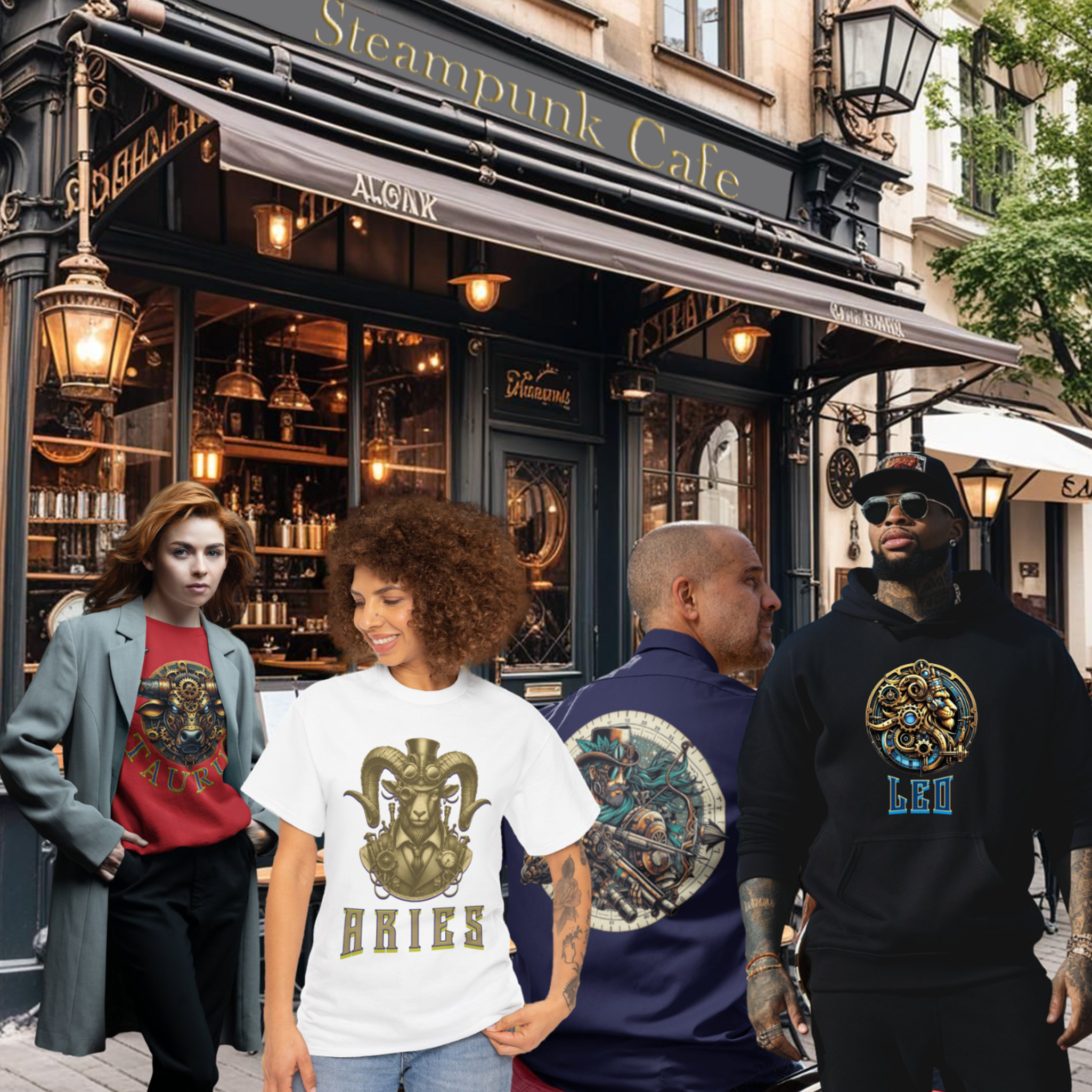 4 models wearing various steampunk zodiac designed apparel, tshirt, hoodie, sweatshirt and button-down. They are standing outside the 'SteamPunk Cafe"