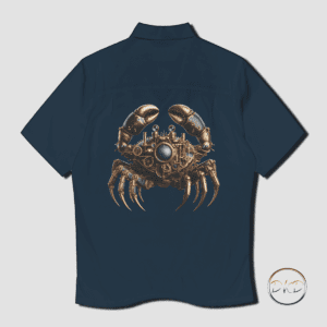 Men's button up shirt featuring a steampunk cancer zodiac crab image on the back.