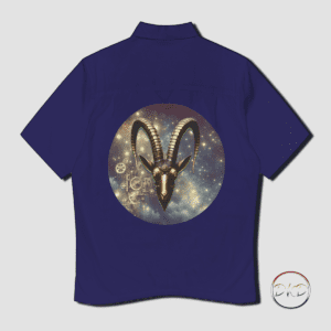 Men's button-down shirt with a Steampunk Capricorn design on it. The design is a Steampunk Head of the Caprocorn goat set amongst the stars.