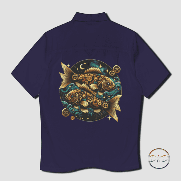 Men's button-up navy blue shirt with a steampunk pisces design; two fish swimming in a celestial sea of stars, clocks and gears.