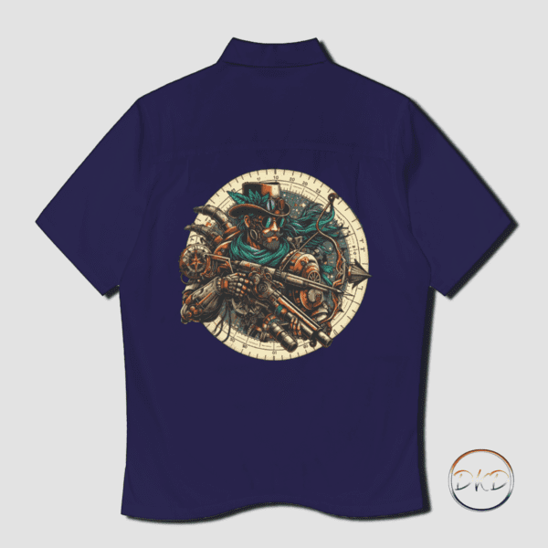 Steampunk Sagittarius design on a button down shirt. Shirt id navy blue Steampunk design is a victorian man dressed in Steampunk attire hold futuristic bow and arrow.