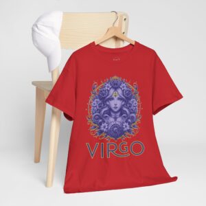 Steampunk Virgo Tshirt. Virgo maiden in blue shades with yellow outline and yellow star on forehead.