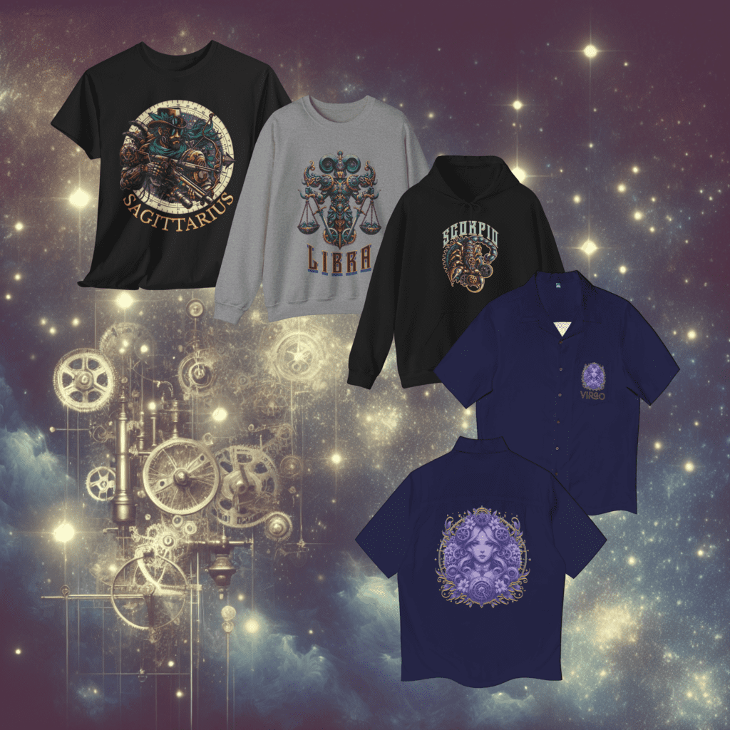 4 Steampunk Zodiac shirts set against the Steampunk celestial heavens.
