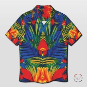 Mens Hawaiian with a vibrant jungle print in reds, blues and greens and oranges