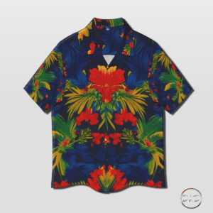 Mens Hawaiian shirt with a vibrant red, blue and green floral print.