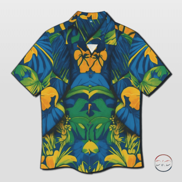 Hawaiian shirt with a bold jungle leaf print of purples, blues and greens, and red