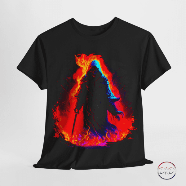 Grim Reaper TShirt. Very colorful.Grim reaper coming out of flames with his scythe in one hand down at his side.