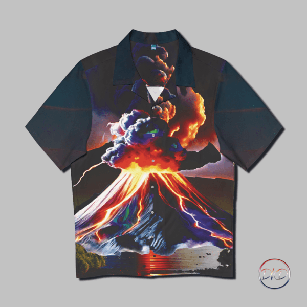 Hawaiian style shirt-This striking piece features a vivid depiction of a volcanic eruption, with bright orange and red lava flows cascading down the mountainside, and plumes of smoke and ash billowing into the twilight sky. The dynamic and powerful imagery captures the raw beauty of nature's fury, making this shirt a bold statement piece.