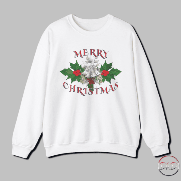 A cozy and festive sweatshirt featuring holly and Christmas floral designs with silver bells graphics and 'Merry Christmas' text. Perfect for adding a touch of holiday cheer and warmth to your winter wardrobe. Ideal for those who love celebrating Christmas and spreading holiday spirit.