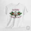 A festive Christmas t-shirt featuring Holly, Christmas florals, and silver bells with Merry Christmas text. Perfect for spreading holiday cheer and adding a touch of festive spirit to your wardrobe. Ideal for both men and women who love celebrating Christmas and enjoy unique seasonal apparel. Great for holiday parties, family gatherings, or as a fun gift for loved ones.