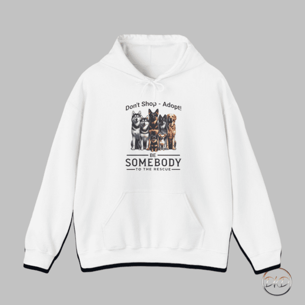 A cozy and warm hoodie featuring Don't Shop - Adopt text above a line-up of dogs with Be Somebody To The Rescue underneath. Designed for supporters of the Somebody To The Rescue non-profit organization or anyone dedicated to rescuing and placing dogs in their forever homes. This hoodie is perfect for dog lovers and supporters of animal rescue organizations. Ideal for casual wear, lounging at home, or running errands. Great for animal-themed holidays and events.