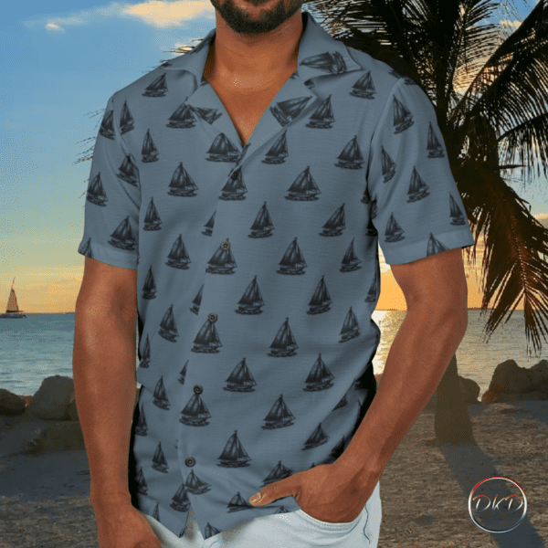 Hawaiian Shirt Nautical Sailboat Print Slate Gray Background - Image 2