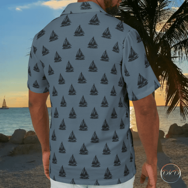 Hawaiian Shirt Nautical Sailboat Print Slate Gray Background - Image 3