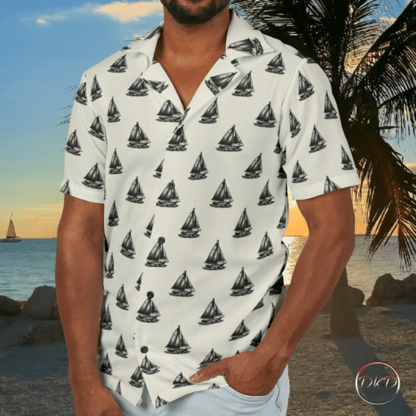 Camp Shirt - Men's Hawaiian Style with Black Nautical Sailboat Pattern on Cream- Casual Summer Wear - Image 2