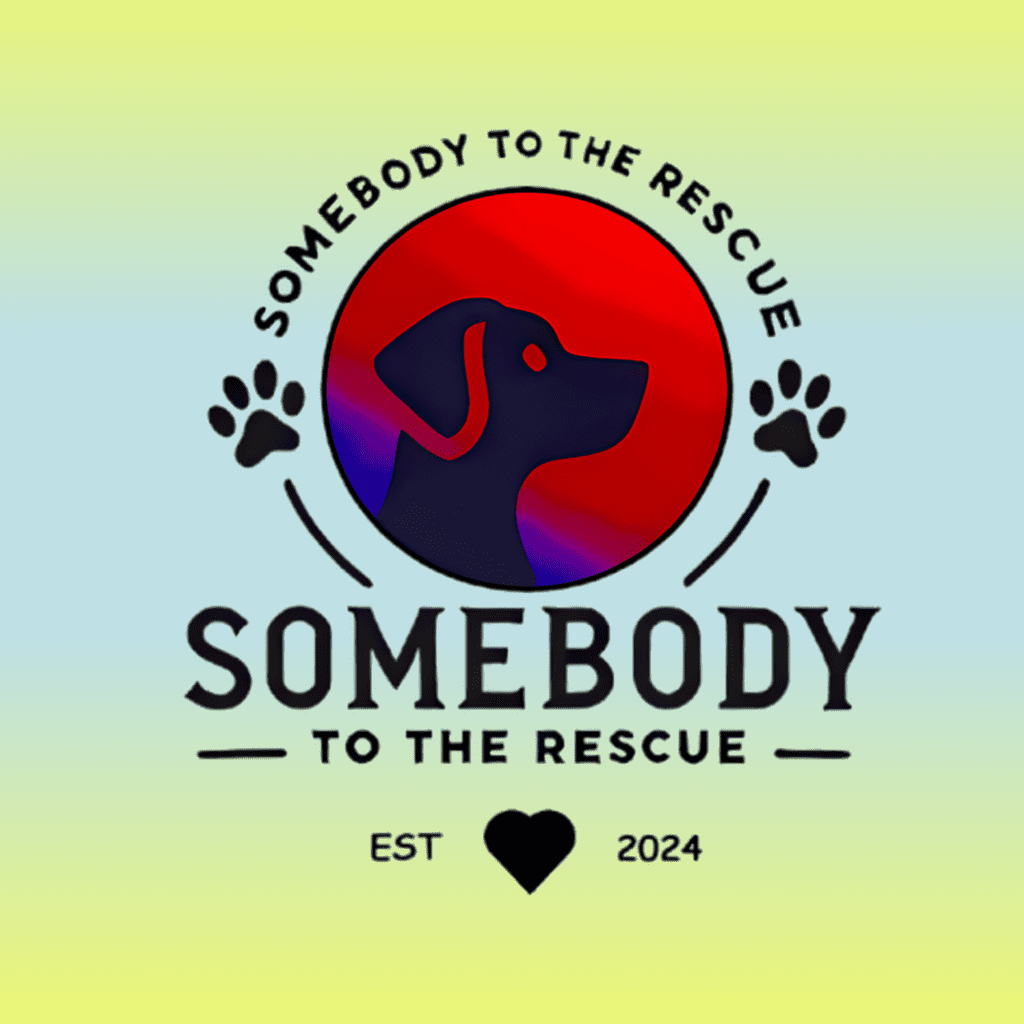 Somebody to the rescue logo. Dog profile in circle with red and blue gradients. With Somebody To The Rescue text circled on top half then 2 paws on either side of circle with 2 curved lines following the bottom of the circle with "Somebody" in large text below the circle and "To The Rescue in smaller print below it with black lines on either side. Below low this is a heart with "EST" on the left and "2025" on the right. The background is a pale blue and pale yellow gradient