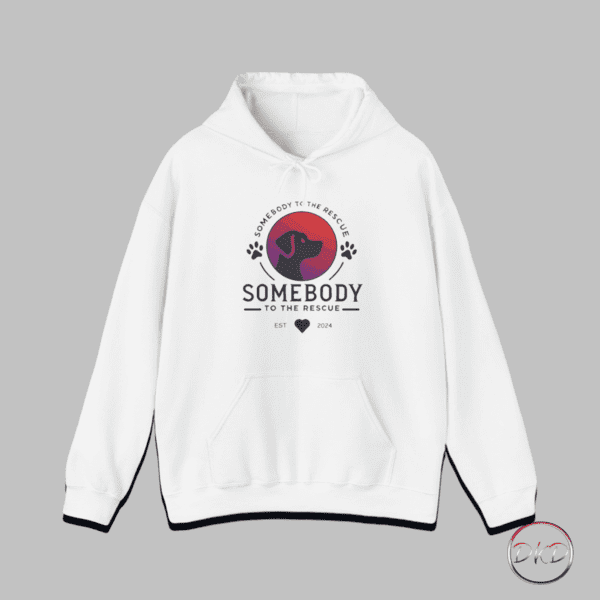 A cozy and stylish hoodie featuring a 'Somebody To The Rescue' text and logo design for Somebody To The Rescue, a non-profit organization dedicated to rescuing and placing dogs in their forever homes. Perfect for dog lovers and those passionate about animal rescue. Suitable for casual wear and ideal for chilly weather or lounging at home. Great gift for animal rescue advocates and volunteers. Perfect for holidays like Christmas and birthday's and occasions like National Pet Adoption Month.
