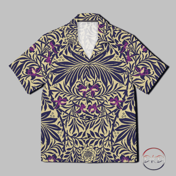 This men's Hawaiian camp shirt features a grunge-inspired design with a beige background, deep blue leaves, and purple flowers, evoking the natural beauty of Hawaii. The unique color palette combines earthy tones with vibrant tropical blooms, offering a stylish interpretation of traditional Hawaiian shirts. Perfect for those who appreciate nature-inspired fashion and want to stand out with a modern twist on a classic style. Ideal for vacations, beach parties, and summer celebrations.