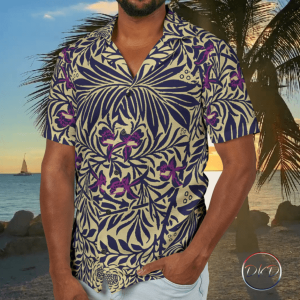 The Colors of Hawaii Mens Grunge Hawaiian Shirt Deep Blue Beige and Purple Floral Design - Image 2