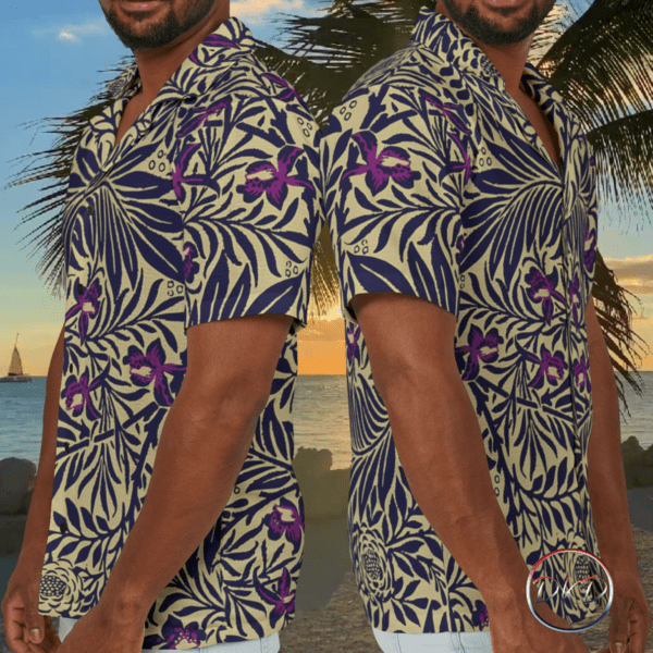 The Colors of Hawaii Mens Grunge Hawaiian Shirt Deep Blue Beige and Purple Floral Design - Image 6