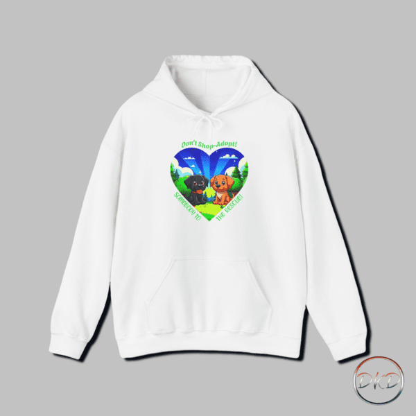 This 'Don't Shop-Adopt' hoodie features a heartwarming design promoting animal adoption and rescue. It showcases two adorable cartoon dogs on a lush grassy field with a serene backdrop of trees and a bright blue sky. The cozy hoodie is perfect for animal lovers and advocates, spreading a positive message of compassion and rescue. Ideal for animal shelter volunteers, pet owners, and advocates of animal welfare. Perfect for wearing on casual outings, volunteering at animal shelters, or spreading awareness during National Adopt a Shelter Pet Day.