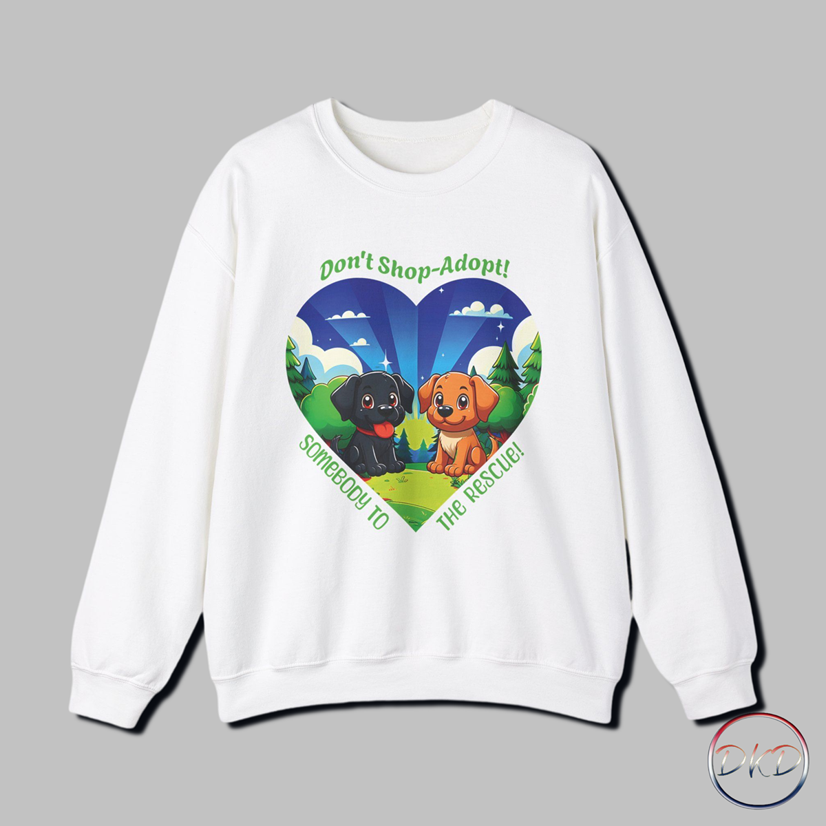 This 'Don't Shop-Adopt' sweatshirt features a heartwarming design promoting animal adoption and rescue, with two adorable cartoon dogs sitting on a lush grassy field. The serene backdrop of trees and a bright blue sky adds positivity to this cozy sweatshirt, making it a charming way to spread awareness. Perfect for animal lovers and advocates, this sweatshirt is ideal for casual wear during animal adoption events, volunteer work at shelters, and cozy nights at home.