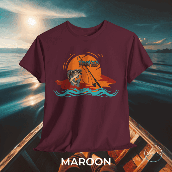 Fishing Rod Unisex Tee Hooked Sunset Waves Design - Image 5