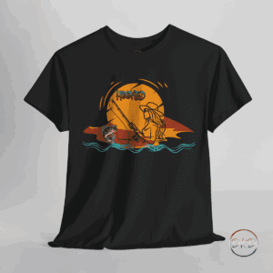 An elegant unisex tee featuring a clean outline of a woman holding a fishing rod, set against a colorful abstract sunset and waves, exuding a minimalist yet eye-catching design. Perfect for fishing lovers and those who enjoy outdoor activities, adding a touch of style to their casual wear. Ideal for gifting during Mother's Day, birthdays, or outdoor enthusiast celebrations. The perfect lucky fishing or angling shirt for her.