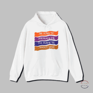 This humorous animal lovers grunge design hoodie features a "Be Kind To Animals Or I'll Have To Shoot You" quote set against a background of colorful brush strokes. Perfect for cozy nights in or casual outings, this hoodie is a great way to express your love for animals with a touch of humor. Ideal for adults who love animals and appreciate unique and quirky designs. Relevant for animal welfare observances and casual wear.