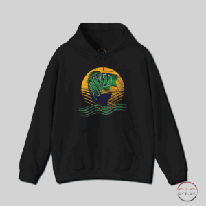 Vintage distressed retro design featuring a fish in a hook line with 'hooked' text against a yellow-orange sunset backdrop. The muted reds, yellows, and blues color the fish. This lucky fishing shirt gives off a nostalgic and outdoorsy vibe, perfect for those who love fishing or lake life. Ideal for cozy evenings by the campfire or casual weekends at the cabin. Relevant for Father's Day, birthdays, or as a gift for avid anglers.