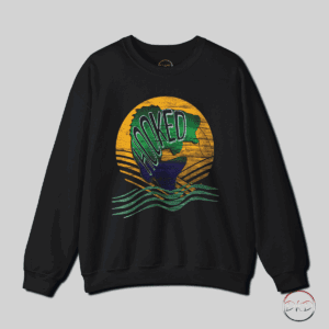 Vintage distressed retro lucky fishing sweatshirt featuring a fish in a hook line with 'hooked' text against a yellow-orange sunset backdrop. The muted reds, yellows, and blues color the fish, giving off a nostalgic and outdoorsy vibe. This sweatshirt is perfect for those who love fishing or outdoor enthusiasts, ideal for casual wear during camping trips, fishing expeditions, or cozy