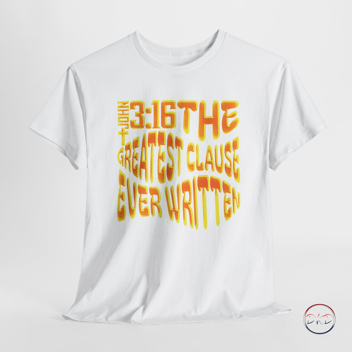 This Faith Based T-Shirt features a bold, inspirational statement in a vibrant, gradient font transitioning from red to golden yellow, centered on the chest. A perfect witnessing tool, the design exudes warmth, passion, and light, symbolizing emotional and spiritual resonance. Perfect for those seeking a powerful message with modern aesthetics.