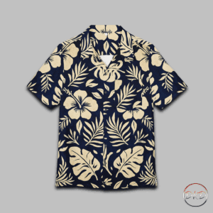 This Hawaiian Button-Down Shirt features cream on navy tropical florals—stylized hibiscus blooms, monstera leaves, palm fronds, and delicate ferns. It exudes a classic island vibe with a soft, elegant twist, perfect for casual settings or beach days. Ideal for those who love tropical themes, this shirt is great for vacations, luaus, summer parties, and beach outings.