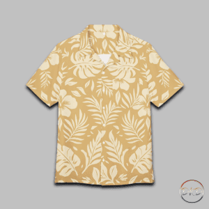 A unisex Hawaiian button-down shirt featuring a warm, pale orange background with off-white tropical florals—hibiscus blooms, monstera leaves, palm fronds, and ferns. It exudes a classic island vibe with a soft, elegant twist. Perfect for those looking for a casual yet polished look, ideal for beach outings or low-key settings. Relevant for summer vacations, beach parties, and tropical-themed events.