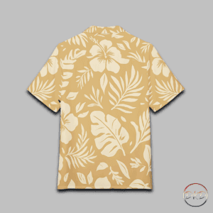 A unisex Hawaiian button-down shirt featuring a warm, pale orange background with off-white tropical florals—hibiscus blooms, monstera leaves, palm fronds, and ferns. It exudes a classic island vibe with a soft, elegant twist. Perfect for those looking for a casual yet polished look, ideal for beach outings or low-key settings. Relevant for summer vacations, beach parties, and tropical-themed events.