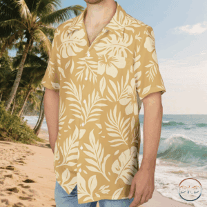 A unisex Hawaiian button-down shirt featuring a warm, pale orange background with off-white tropical florals—hibiscus blooms, monstera leaves, palm fronds, and ferns. It exudes a classic island vibe with a soft, elegant twist. Perfect for those looking for a casual yet polished look, ideal for beach outings or low-key settings. Relevant for summer vacations, beach parties, and tropical-themed events.