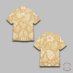 A unisex Hawaiian button-down shirt featuring a warm, pale orange background with off-white tropical florals—hibiscus blooms, monstera leaves, palm fronds, and ferns. It exudes a classic island vibe with a soft, elegant twist. Perfect for those looking for a casual yet polished look, ideal for beach outings or low-key settings. Relevant for summer vacations, beach parties, and tropical-themed events.