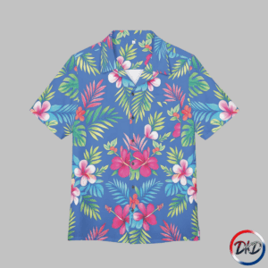 This garden of paradise Hawaiian shirt brings the last warm light of a tropical evening into a wearable garden. On a deep royal-blue background, coral hibiscus, creamy plumeria, and fiery birds of paradise unfurl among lush green fronds and gilded palm leaves, arranged in a balanced, symmetrical all-over pattern. The shirt moves like a coastal breeze — lightweight, airy, and effortlessly polished thanks to a structured collar and placket that keep the silhouette tidy. Wear it for slow sundown walks on the sand, casual seaside dinners, or backyard gatherings where you want to feel relaxed but looked-after. Small details — matched button options, a sewn-in label, and careful assembly in the USA — show this piece was made with thoughtfulness. It’s a shirt that invites you to linger a little longer in that golden-hour glow.
