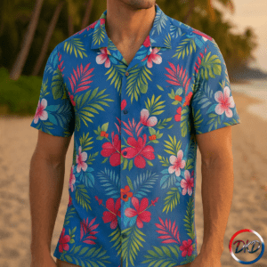 Male model wearing shirt in tropical setting. Shirt description...This garden of paradise Hawaiian shirt brings the last warm light of a tropical evening into a wearable garden. On a deep royal-blue background, coral hibiscus, creamy plumeria, and fiery birds of paradise unfurl among lush green fronds and gilded palm leaves, arranged in a balanced, symmetrical all-over pattern. The shirt moves like a coastal breeze — lightweight, airy, and effortlessly polished thanks to a structured collar and placket that keep the silhouette tidy. Wear it for slow sundown walks on the sand, casual seaside dinners, or backyard gatherings where you want to feel relaxed but looked-after. Small details — matched button options, a sewn-in label, and careful assembly in the USA — show this piece was made with thoughtfulness. It’s a shirt that invites you to linger a little longer in that golden-hour glow.